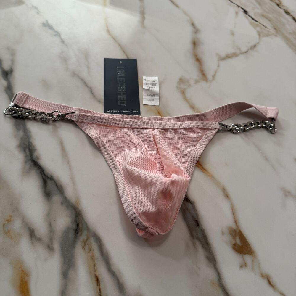 NEW Andrew Christian Unleashed Chain Swim Thong G-String Color Light Pink Size L